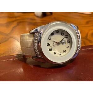 Women's Silver Tone TIME Square Bangle Bracelet Watch with Crystal Accents